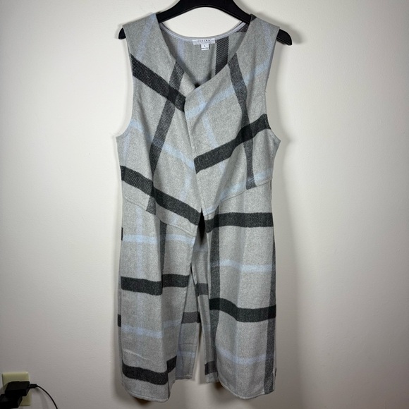 Favlux Long Wool Blend Gray Blue Plaid Cardigan Sweater Vest Size Large - Picture 2 of 14